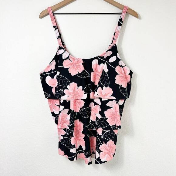 BEAUTIKINI FLORAL PRINT BLACK PINK SWIMMING TANKINI SIZE 16W BRAND NEW - Picture 1 of 5